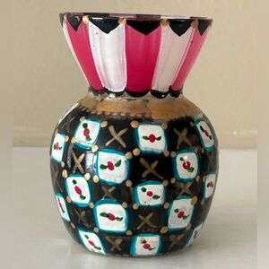 Vintage Mackenzie Childs miniature hand painted glass thistle vase. Signed.